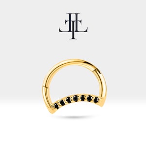 14K Solid Yellow Gold Moon Design Hoop Clicker Piercing-Black Diamond Helix-Single Earring-16G(1.2 mm) Clicker-10mm Outer Diameter| LC00045B