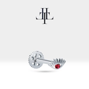 Screw Back Tragus Piercing,Small Evil Eye Design Ruby Piercing,Single Earring,14K Solid Gold,16G(1.2mm),LP00012R