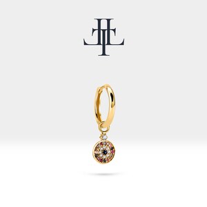 Huggie Hoop Earring,14K Yellow Solid Gold,Evil Eye Design Diamond& Mix Sapphire Earring,Dainty Hoop Earrings