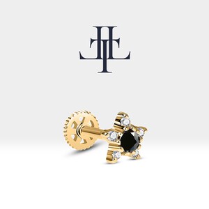 kraakbeenpiercing met zwarte diamant en diamant in 14K massief wit-geel-roségoud, 16G (1,2 mm), 8 mm staaflengte | LP00028DB