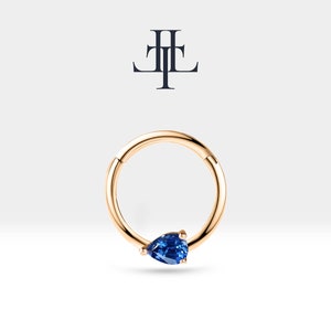 Cartilage Hoop Pear Cut Sapphire Clicker Earring,14K Yellow-White-Rose Solid Gold,16G(1.2mm)10-12 mm Outer| LC00027S