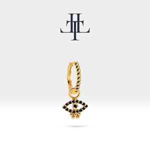 Orecchini Huggie delicati con design Evil Eye, orecchini pendenti con diamanti neri, oro giallo massiccio 14K, orecchini con gambo ritorto, cerchietti minimalisti