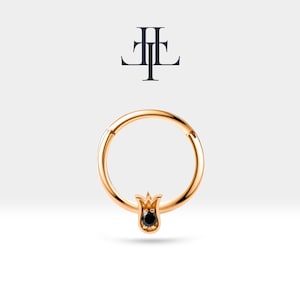 Cartilage Hoop,Round Cut Black Diamond Tulip Design Clicker,Single Earring,14K Solid Gold,18G(1.00 mm)| LC00038B