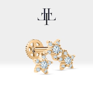 Triple Star Piercing with Diamond Screw Back Piercing in 14K Solid Gold Celestial Cartilage Piercing 16G(1.2mm),LP00041D