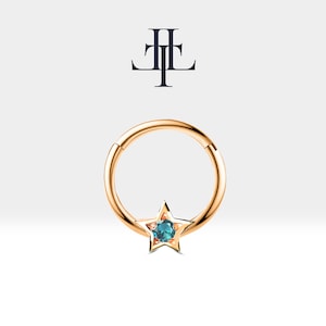 Star Hoop Clicker met blauwe topaas in 14 kt massief goud, kraakbeenpiercing, 16G (1,2 mm), 10 mm buitenste | LC00019T