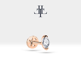 Cartilage Helix Piercing,Marquise Cut Diamond Piercing,Single Earring,14K White Yellow Rose Solid Gold,8mm Bar Length,16G(1.2mm),LP00022D