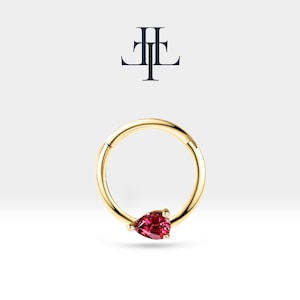 Cartilage Hoop Pear Cut Ruby Clicker Earring,14K Yellow-White-Rose Solid Gold,16G(1.2mm)10-12 mm Outer| LC00027R