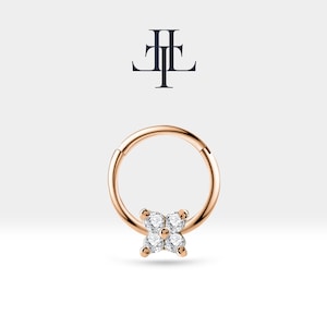 Hoop Cartilage Clicker Hoop with Four Round Diamond Flower Design in 14K Yellow-White-Rose Solid Gold, 16G(1.2mm),10mm Outer| LC00015D