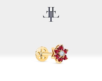 Cartilage Tragus Piercing Flower Shaped with Ruby-Diamond Piercing in 14K White-Yellow-Rose Solid Gold 16G(1.2mm)8mm Bar Length, LP00004RD