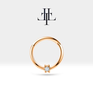 Cartilage Hoop , Tiny Star Design Diamond Clicker Piercing , Single Earring , 14K Solid Gold , 12 mm Outer| LC00037D
