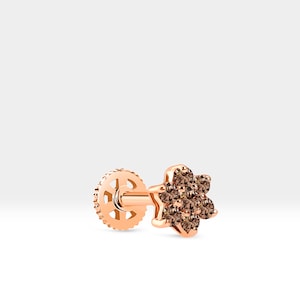Cartilage Tragus Piercing Flower Design with Brown Diamond Single Piercing in 14K White-Yellow-Rose Solid Gold 16G/8mm Bar Length,LP00004BD