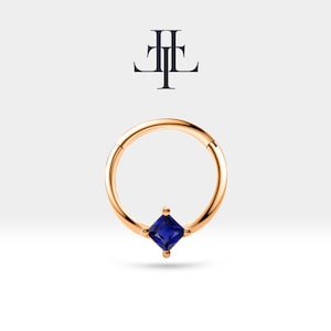 Cartilage Hoop ,  Princess Cut Sapphire Clicker , Single Earring, 14K Solid Gold ,16G(1.20mm)| LC00029S