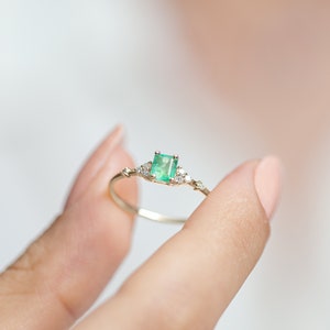 Dainty Ring,Emerald with Diamonds Ring,14K Yellow Solid Gold,Minimalist Engagement-Promise Ring image 6