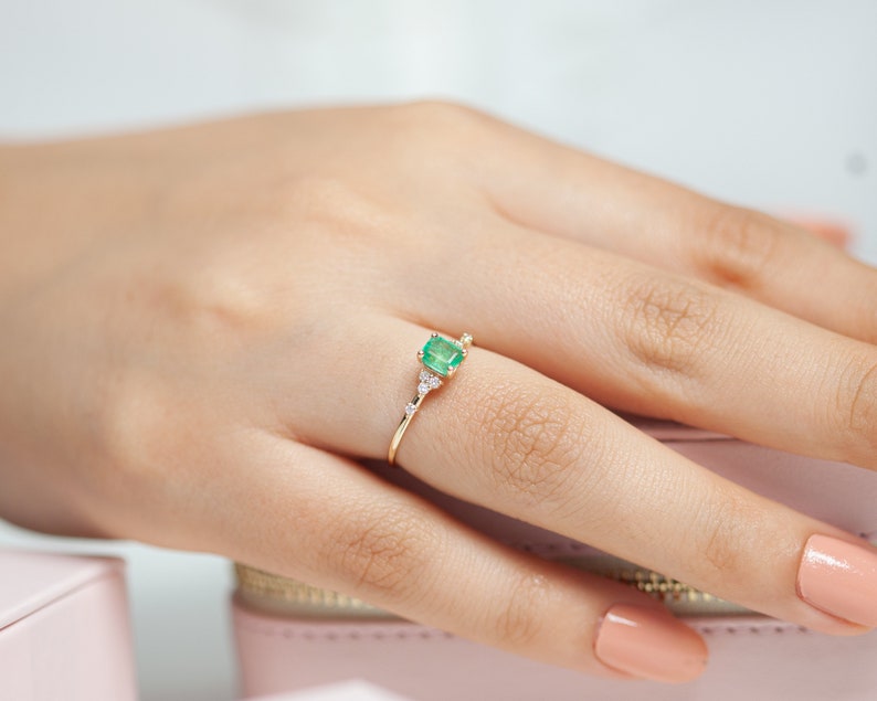 Dainty Ring,Emerald with Diamonds Ring,14K Yellow Solid Gold,Minimalist Engagement-Promise Ring image 4