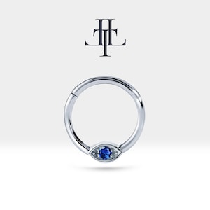 Evil Eye Cartilage Hoop Clicker with Sapphire in 14K Solid Gold,Single Earring,16G(1.2mm)| LC00042S