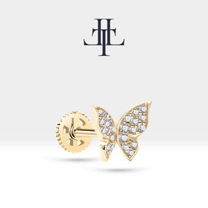 Piercing per cartilagine e trago, design a farfalla, con diamante taglio rotondo, oro massiccio 14 carati bianco giallo rosa, lunghezza barra 8 mm, 16 G (1,2 mm), LP00006D