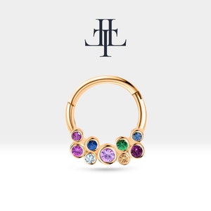 Cartílago aro arco iris diseño zafiro Clicker Piercing, pendiente único, oro sólido amarillo-blanco-rosa de 14K, 16G (1,2 mm), exterior de 10-12 mm, LC00001MS