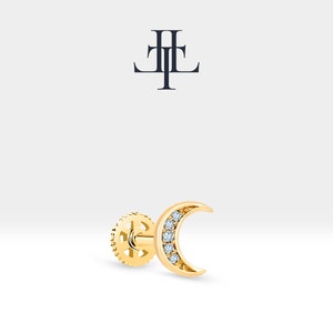 14K Solid Gold Cartilage Moon Design Diamond Piercing,16G(1.2mm)Screw Back Piercing,8 mm Bar Length,LP00034D