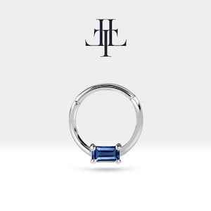 Cartilage Hoop / Baguette Cut Sapphire Clicker/Single Earring/ 14K Yellow- White- Rose Solid Gold /16G/ 12 mm Clicker| LC00008S