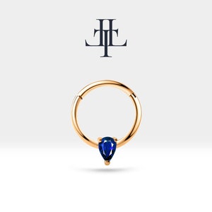 Cartilage Hoop, Pear Cut Sapphire Clicker Piercing , Prong Setting Single Earring , 14K Solid Gold , 18G(1.00 mm) | LC00012S