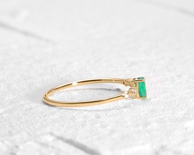 Dainty Ring with Oval cut Emerald and Sprinkled Diamonds in 14K Yellow Solid Gold Minimal Engagement Ring Multi-stone LR00059DE image 6