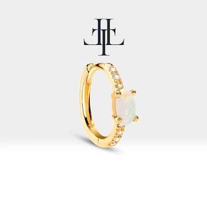 Huggie Hoop Earring with Oval Cut Opal and Diamond Earring in 14K Yellow-White-Rose Solid Gold Single-Pair Earlobe Earring, LE00021DO