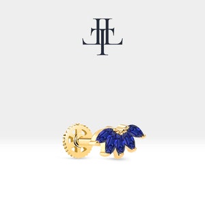 Lotus Piercing Cartilage Tragus with Marquise cut Blue Sapphire Piercing in 14K White-Yellow-Rose Solid Gold 16G(1.2mm),8mm Bar | LP00037S