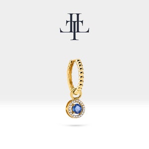 Huggie Hoop Earrings,Diamond&Sapphire Dangle Earring,14K Yellow Solid Gold,Earlobe Hoop Earring,Beads Shank Hoop Earring
