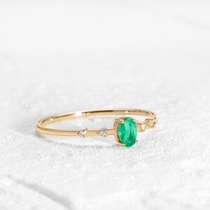 Dainty Ring with Oval cut Emerald and Sprinkled Diamonds in 14K Yellow Solid Gold Minimal Engagement Ring Multi-stone LR00059DE image 3