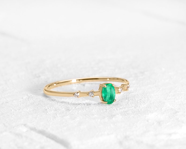 Dainty Ring with Oval cut Emerald and Sprinkled Diamonds in 14K Yellow Solid Gold Minimal Engagement Ring Multi-stone LR00059DE image 3