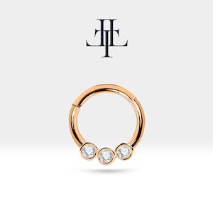 Cartilage Hoop,3 Round Cut Diamond Clicker,Single Earring in 14K Yellow-White Rose Solid Gold,16G(1.2mm),10mm Outer, LC00005D