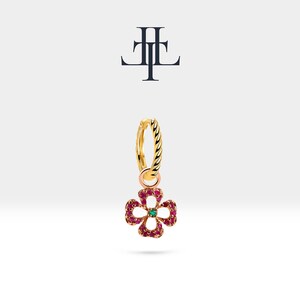 Dainty Flower Shaped Charm Huggie Hoop Earrings,Ruby&Green Garnet Flower Dangle,14K Yellow Solid Gold,Twisted Shank Hoop Earring, LE00044RG