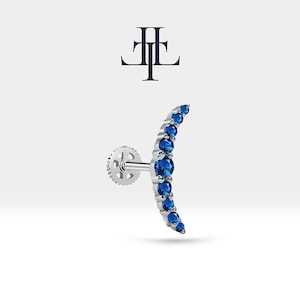 Crescent Moon Design Screw Back Piercing with Sapphire Curve Piercing in 14K Solid Gold Flat Back Piercing 16G(1.2mm)8mm Bar Length|LP00024S