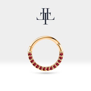 Cartilage Hoop Sequencing Design Ruby Clicker Piercing,Single Earring,14K Yellow Solid Gold,16G(1.2mm), LC00002R