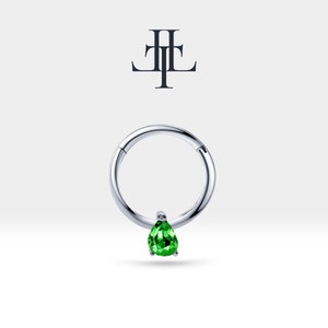 Cartilage Hoop with Pear Cut Emerald Clicker Helix Piercing in 14K Solid Gold Hoops 12mm Outer| LC00011E
