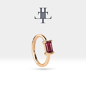 Ruby Cartilage Hoop,Prong Setting Baguette Shaped Ruby Earring,14K Yellow-White-Rose Solid Gold Earring,July Birthstone,16G(1.2mm),LE00002R
