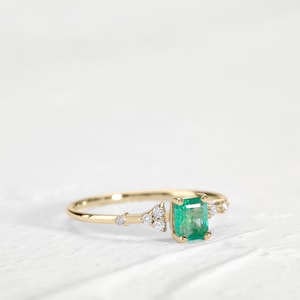 Dainty Ring,Emerald with Diamonds Ring,14K Yellow Solid Gold,Minimalist Engagement-Promise Ring image 3