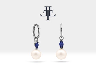 Pearl Earrings with Marquise Cut Sapphire Earring in 14K Solid Gold Dangle Earrings for Women Wedding Jewelry | LE00082PS