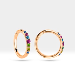 14K Yellow Solid Gold Hoop Clicker Piercing with Mix Sapphire Cartilage Single Piercing 16G 12mm | LC00044MS