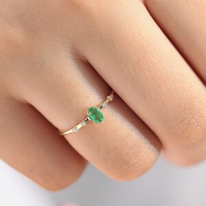 Dainty Ring with Oval cut Emerald and Sprinkled Diamonds in 14K Yellow Solid Gold Minimal Engagement Ring Multi-stone LR00059DE image 7