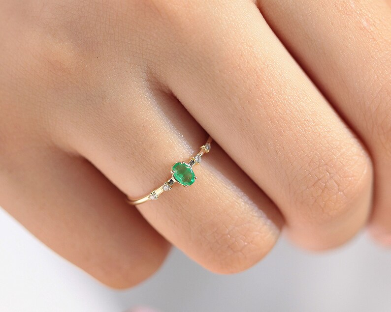 Dainty Ring with Oval cut Emerald and Sprinkled Diamonds in 14K Yellow Solid Gold Minimal Engagement Ring Multi-stone LR00059DE image 7