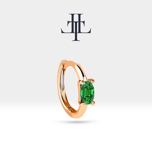 Cartilage Hoop Oval Cut Emerald Earrings,Single-Pair Earrings,14K Yellow-White-Rose Solid Gold Earlobe Earring,LE00026E