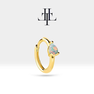Hoop Earring in 14K Yellow White Rose Solid Gold Huggies Hoop Single-Pair Earring with Pear Cut Opal | LE00009O