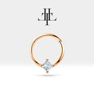 Cartilage Hoop Princess Cut Diamond Clicker Minimalist Earring in 14K Solid Gold, 18G(1.00 mm), 10-12 mm Outer| LC00029D