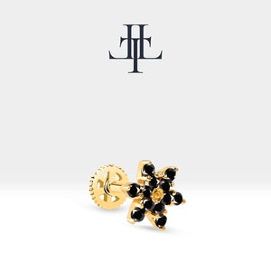 Cartilage Flat Back Piercing,Round Cut Black Diamond Piercing in 14K White-Yellow-Rose Solid Gold,8mm Bar Length,16G(1.2mm),LP00035B