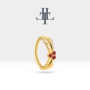 Cartilage Conch Leaf Design Ruby Clicker Piercing,Single Earring,14K Yellow-White-Rose Solid Gold,16G(1.2mm),12mm Outer Diameter, LC00004R