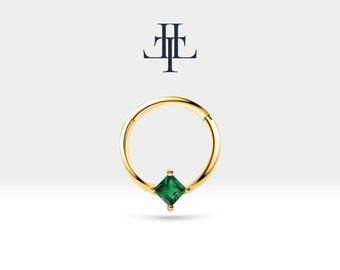 Princess Cut Emerald Daith Hoop, Cartilage Hoop Piercing, Single Clicker, 14K Solid Gold,16G(1.20mm),10-12mm Outer| LC00030E