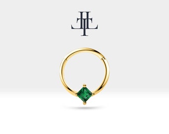 Cartilage Hoop Piercing,Princess Cut Emerald Clicker,Single Earring,14K Solid Gold,16G(1.20mm),10-12mm Outer| LC00030E