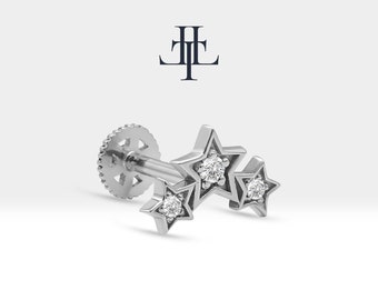 Triple Star Piercing with Diamond Screw Back Piercing in 14K Solid Gold Celestial Cartilage Piercing 16G(1.2mm) | LP00042D