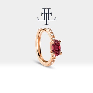 Oval Cut Ruby and Diamond  Hoop Earring in 14K Solid Gold Earlobe Earring,Single-Pair Earring, LE00021DR